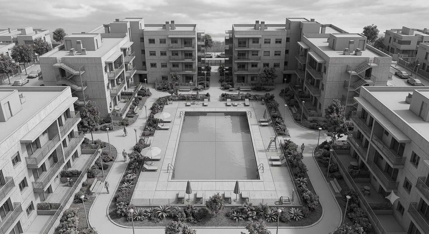 Urbanización con bloques residenciales y piscina comunitaria central